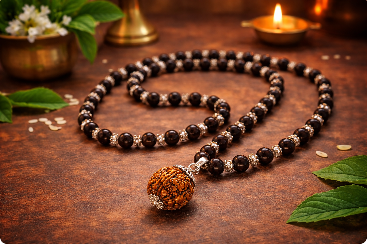 Karungali Rudraksha Mala β Silver Plated (With Free Bracelet)