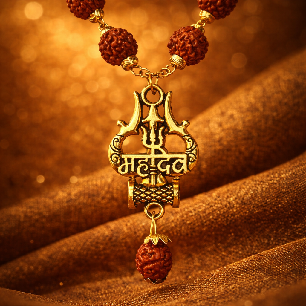 Gold Plated Original Rudraksha Mahadev Trishool Necklace