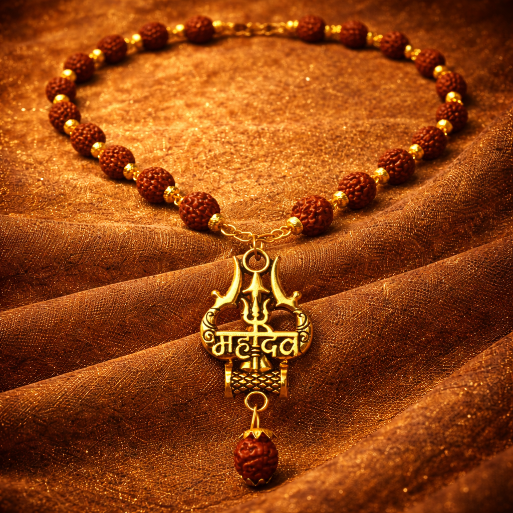 Gold Plated Original Rudraksha Mahadev Trishool Necklace