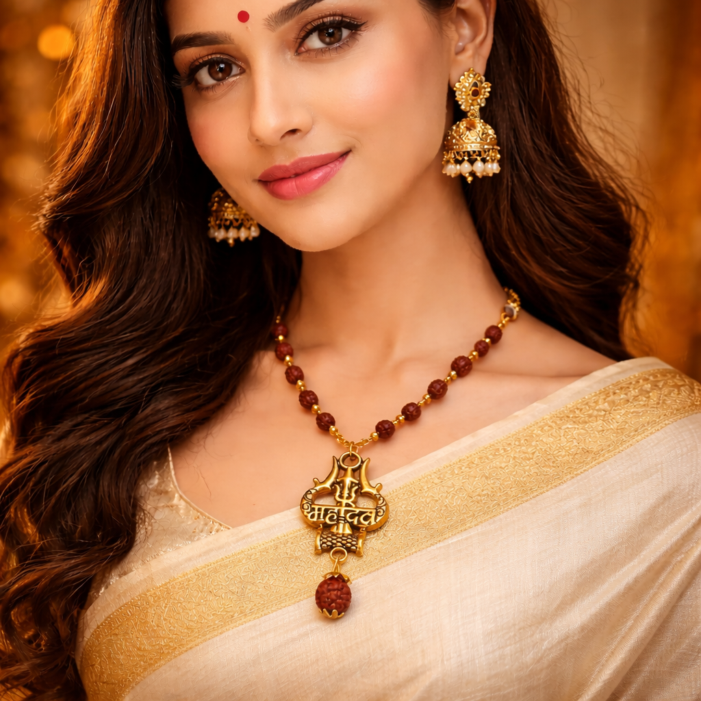 Gold Plated Original Rudraksha Mahadev Trishool Necklace