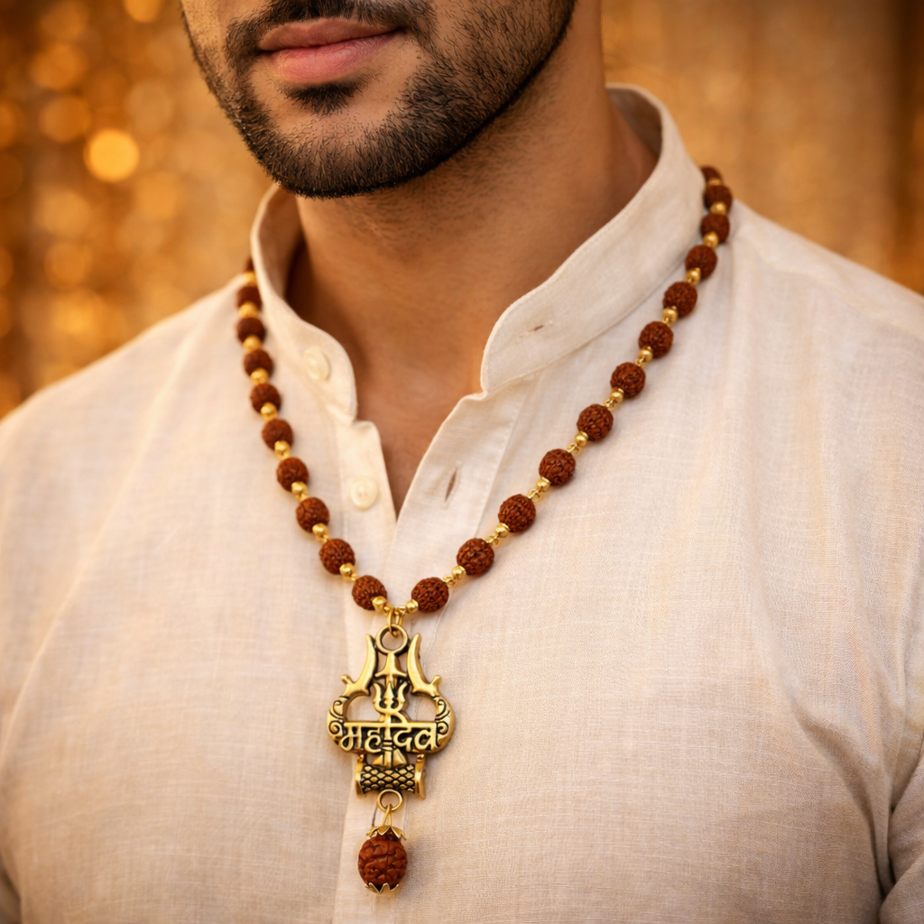 Gold Plated Original Rudraksha Mahadev Trishool Necklace
