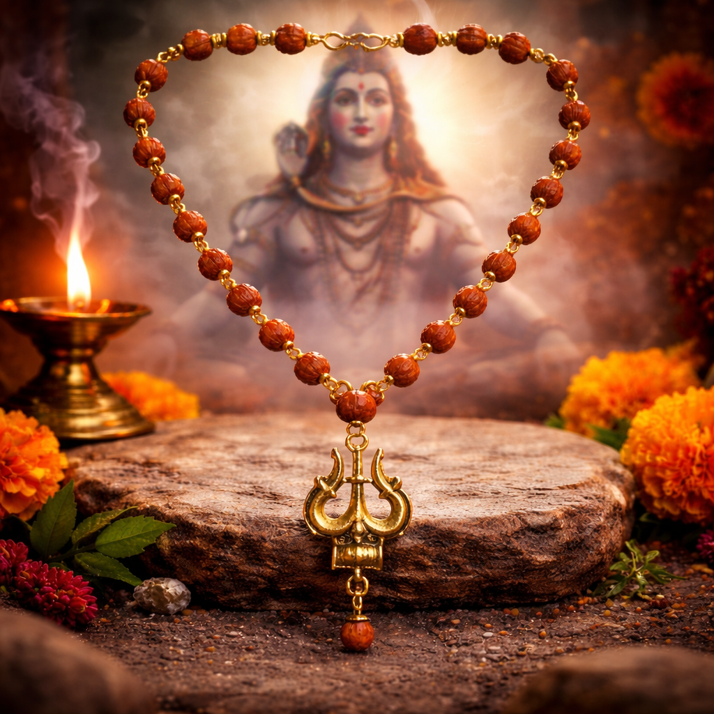 Gold Plated Orignal Rudraksha Om Trishool Necklace