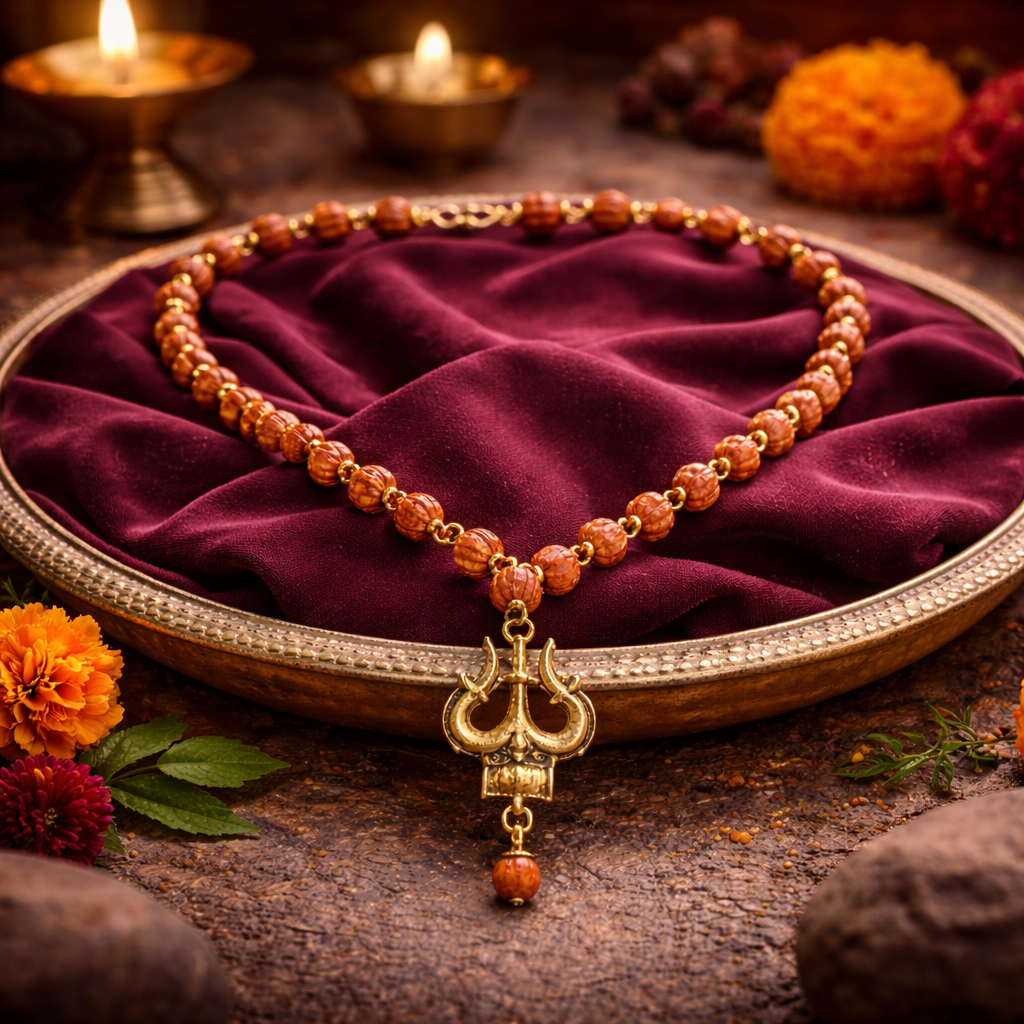 Gold Plated Orignal Rudraksha Om Trishool Necklace