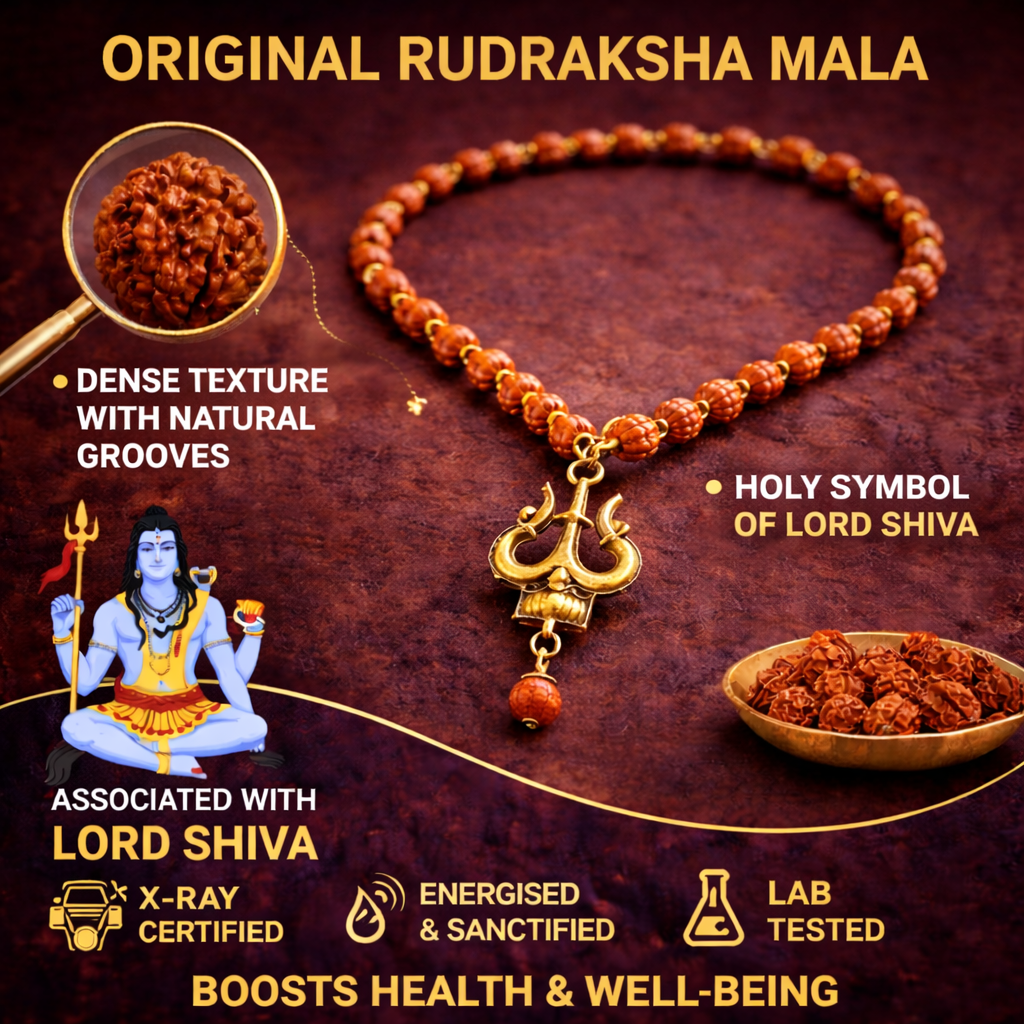 Gold Plated Orignal Rudraksha Om Trishool Necklace
