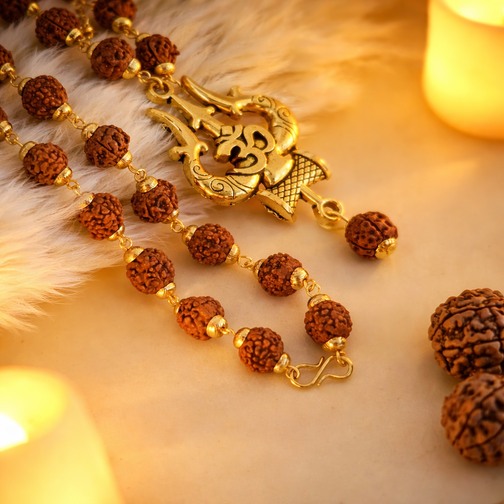 Gold Plated Orignal Rudraksha Om Trishool Necklace