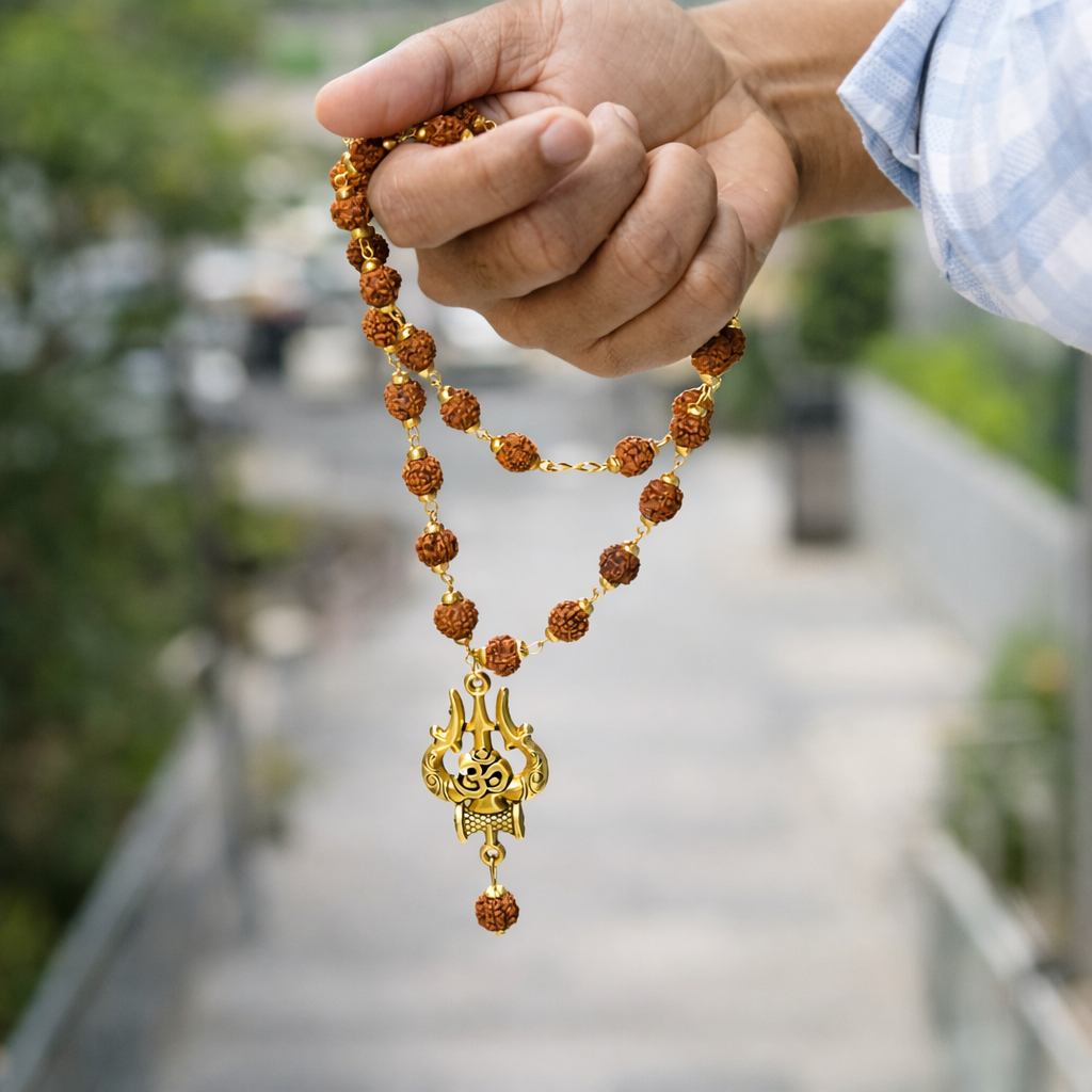 Gold Plated Orignal Rudraksha Om Trishool Necklace