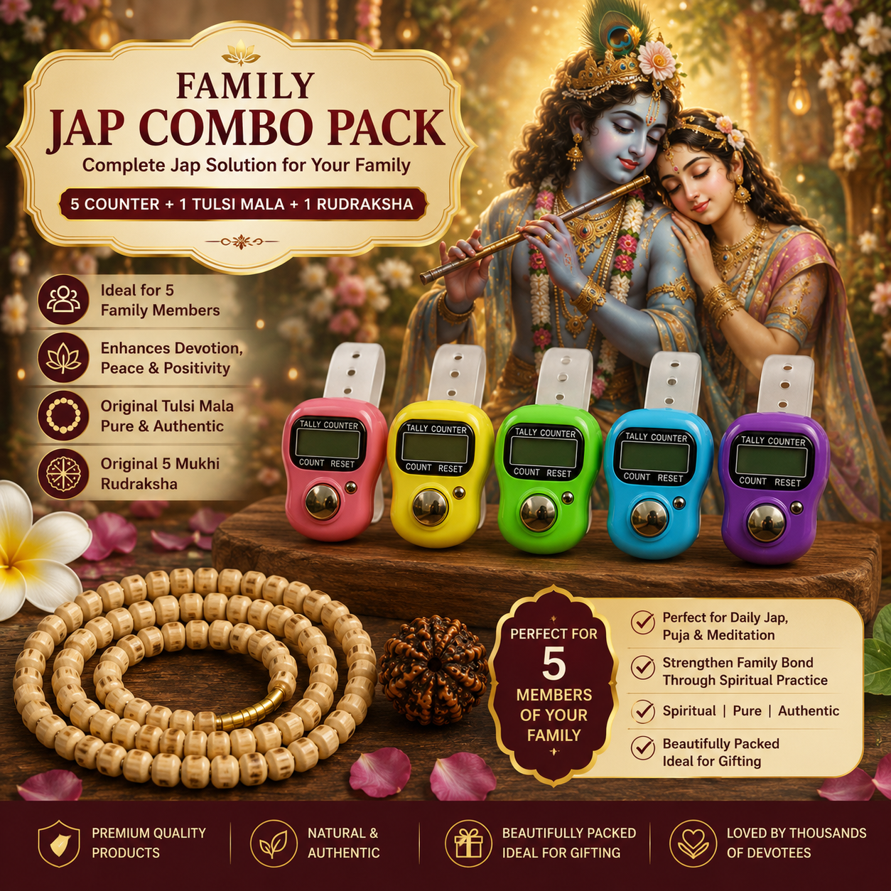 Family Jap Combo Pack – 5 Digital Counters with FREE Tulsi Mala & Rudraksha