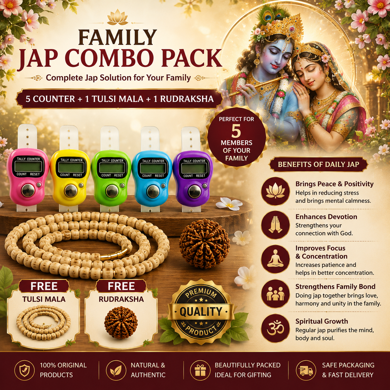 Family Jap Combo Pack – 5 Digital Counters with FREE Tulsi Mala & Rudraksha
