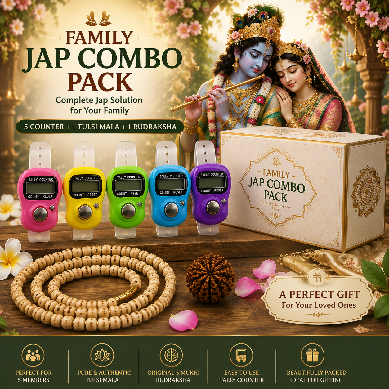 Family Jap Combo Pack – 5 Digital Counters with FREE Tulsi Mala & Rudraksha